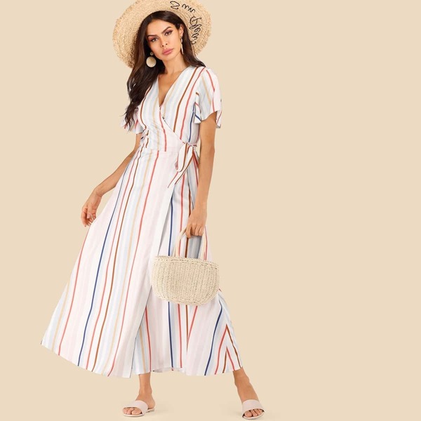 

Striped Knot Side Wrap Dress, Multicolor