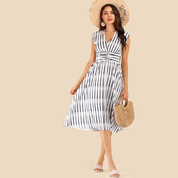 

Lace Up Back Striped Dress, White