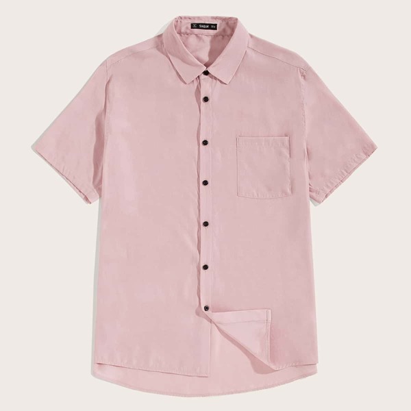 

Men Button Front Pocket Patched Shirt, Pink pastel