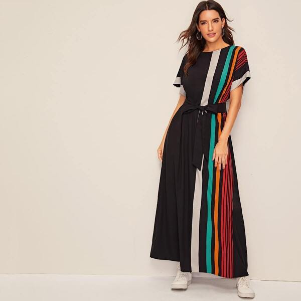 

Colorblock Striped Belted Maxi Dress