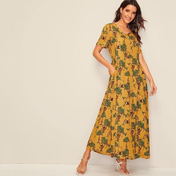 

Pocket Detail Botanical Print Maxi Dress, Yellow
