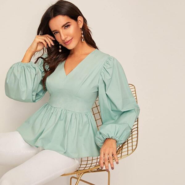 

Lantern Sleeve Solid Peplum Top, Green