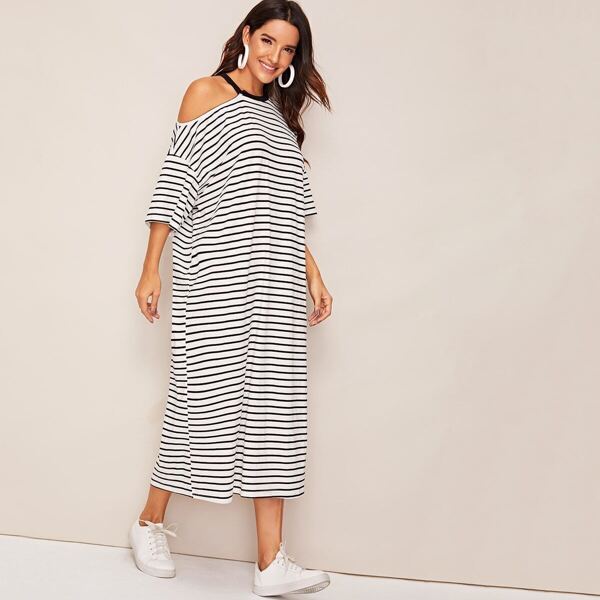 

Asymmetrical Neck Drop Sleeve Striped Dress, White