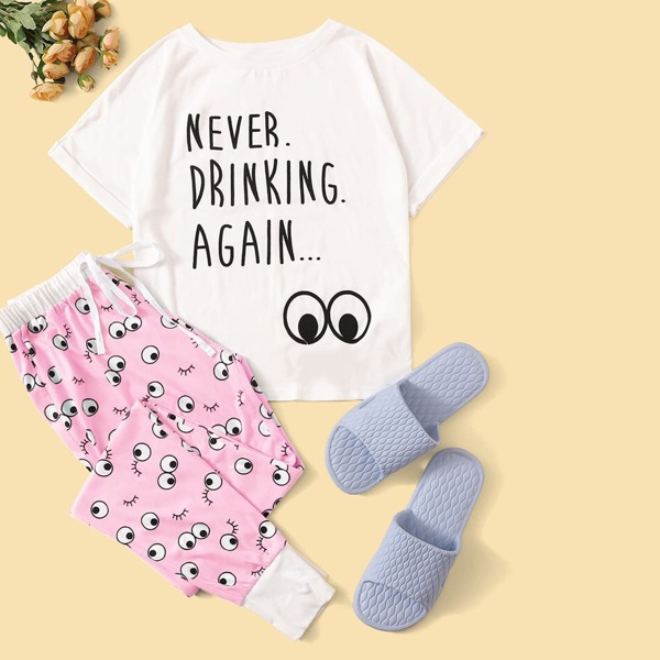 

Slogan Print Cuffed Top & Contrast Trim Eye Print Pants PJ Set