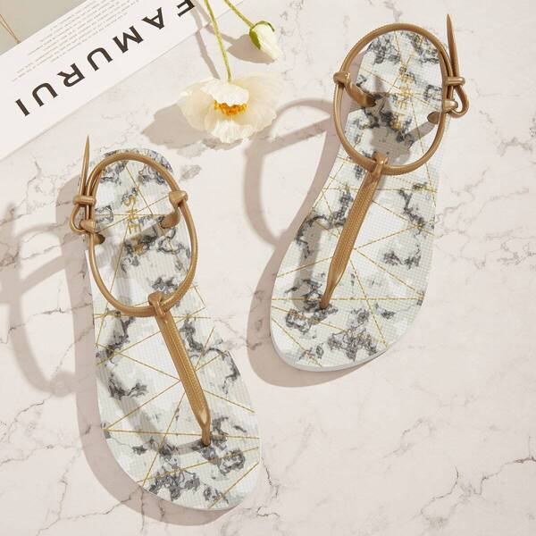 

Marble Pattern T-Strap Sliders, Multicolor