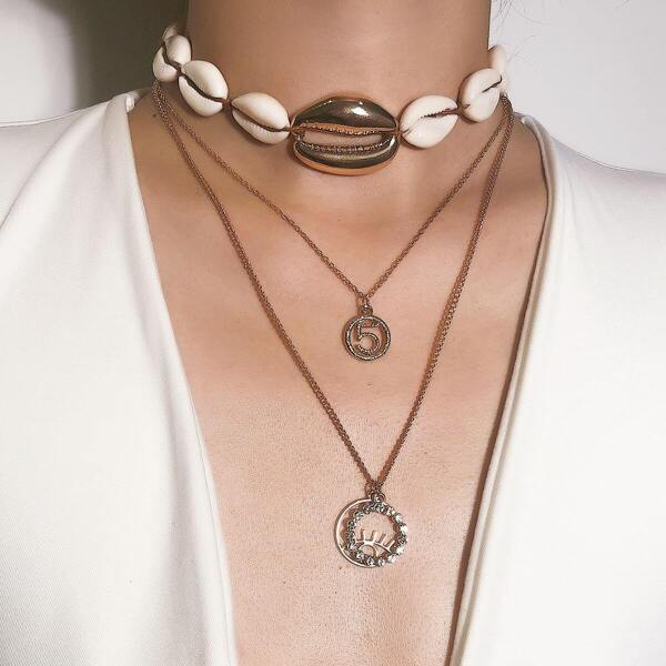 

Circle Pendant & Shell Design Necklace 2pcs, Gold
