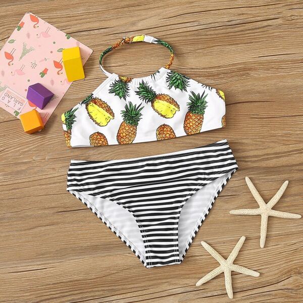

Girls Random Pineapple Print Halter Bikini Set