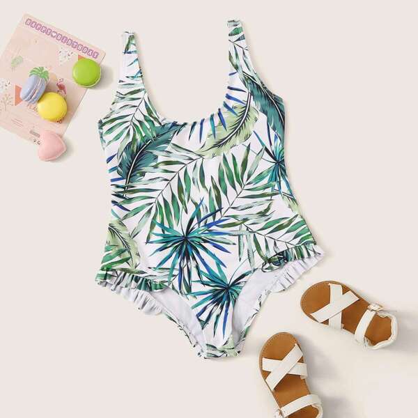 

Girls Leaf Print Frill Trim One Piece Swimsuit, Multicolor
