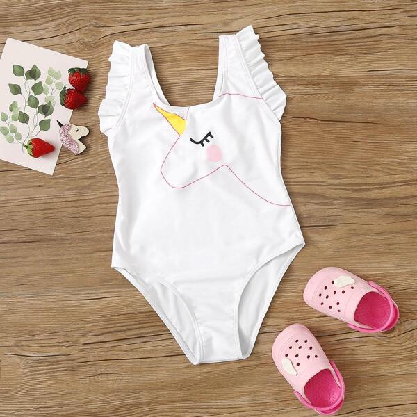 

Girls Unicorn Print Ruffle One Piece Swimsuit
