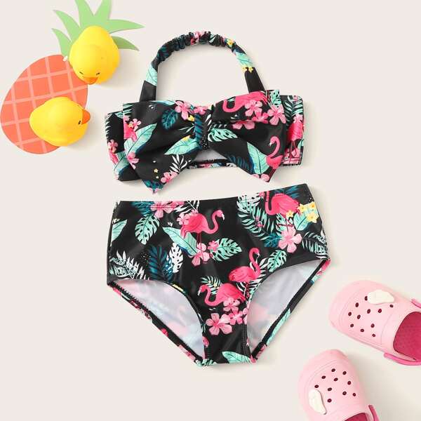 

Toddler Girls Random Tropical Print Bow Decor Bikini Set