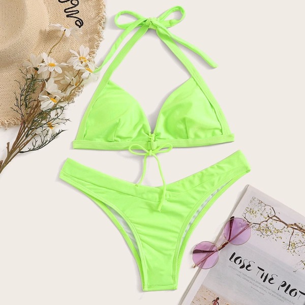 

Neon Lime Halter Top With High Cut Bikini, Green bright