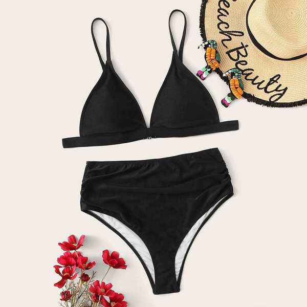 

Plus Triangle Top With Ruched High Waist Bikini, Black