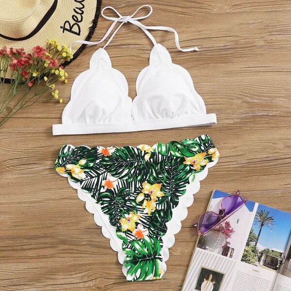 

Plus Tropical Scalloped Trim High Cut Bikini Set, Multicolor
