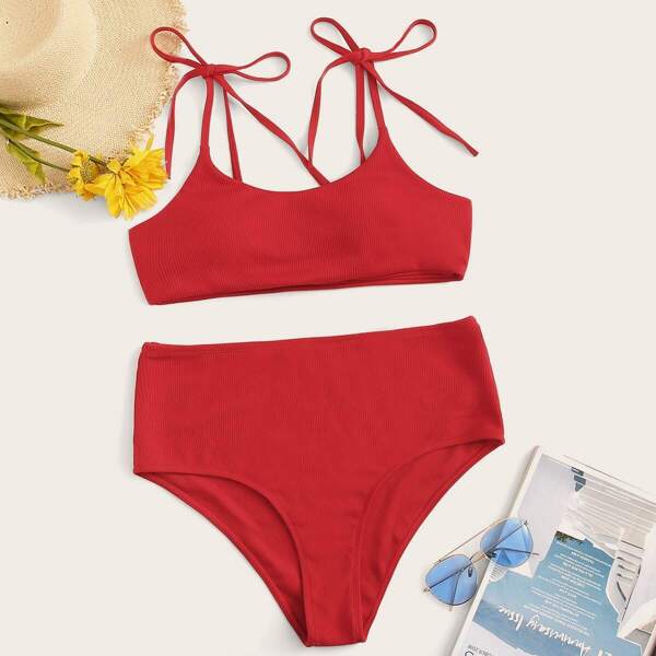 

Plus Ribbed Tie Shoulder Top With High Waist Bikini, Red bright