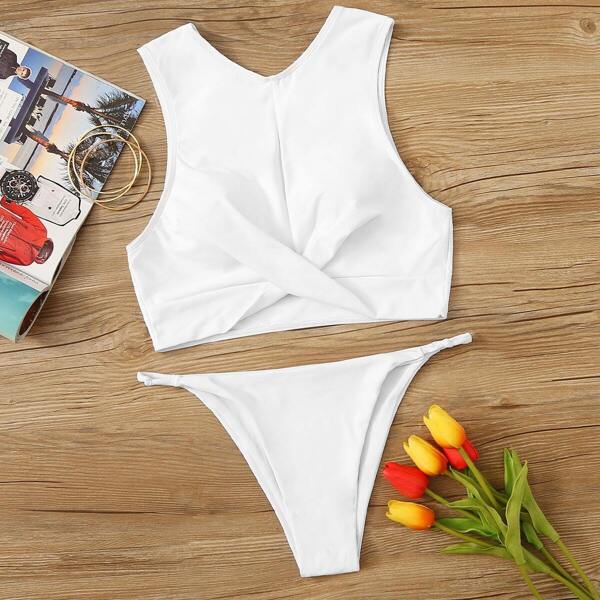 

Criss Cross Tank Top With Tanga Bikini Set