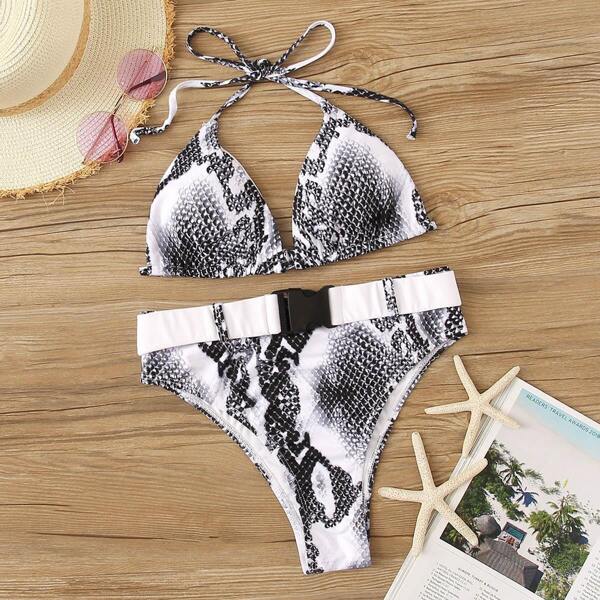

Snakeskin Triangle Halter Top With Belted Panty Bikini, Black and white