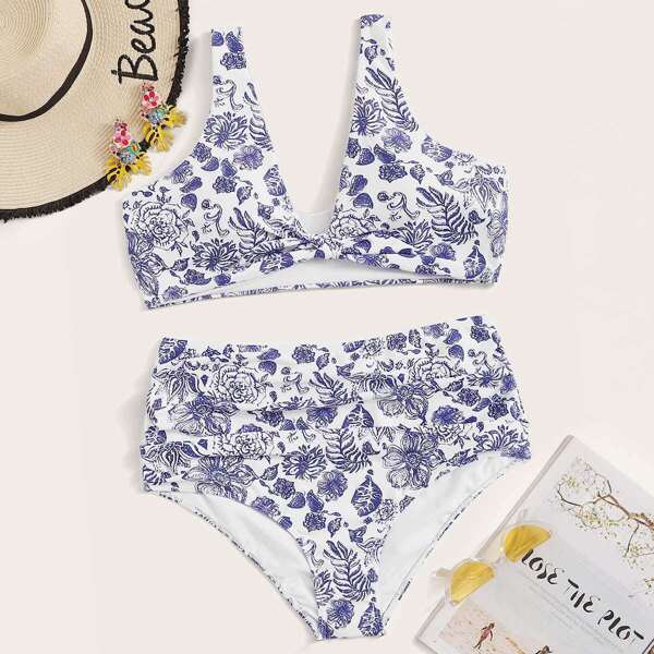 

Plus Porcelain Print Ruched High Waist Bikini, Blue