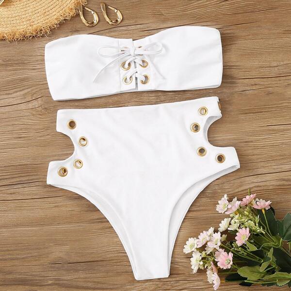 

Lace-up Bandeau With Eyelet High Waist Bikini