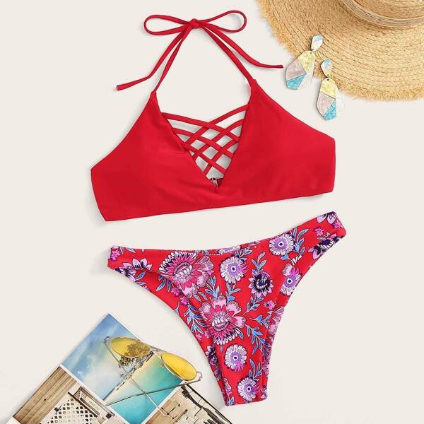 

Lattice Halter Top With Random Floral Bikini Set