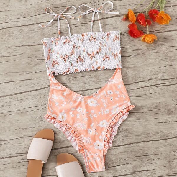 

Smocked Frill Trim Peekaboo One Piece Swimsuit