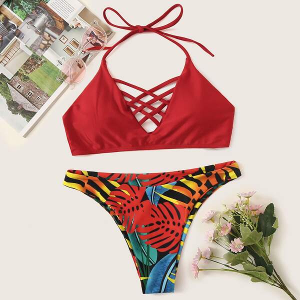 

Lattice Halter Top With Random Tropical Bikini Set