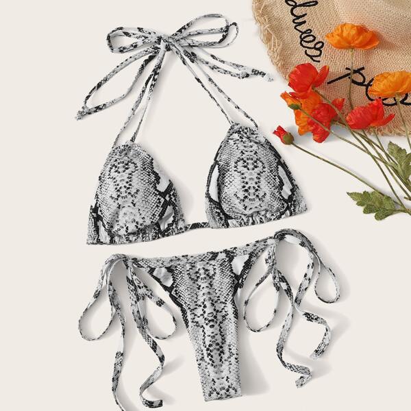 

Snakeskin Triangle Top With Tie Side Bikini, Grey