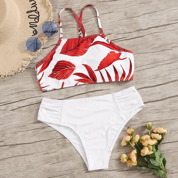 

Random Leaf Print Top With Ruched Panty Bikini