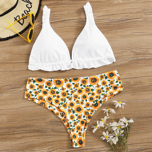 

Plus Frill Trim Top With Floral Bikini Set, Multicolor