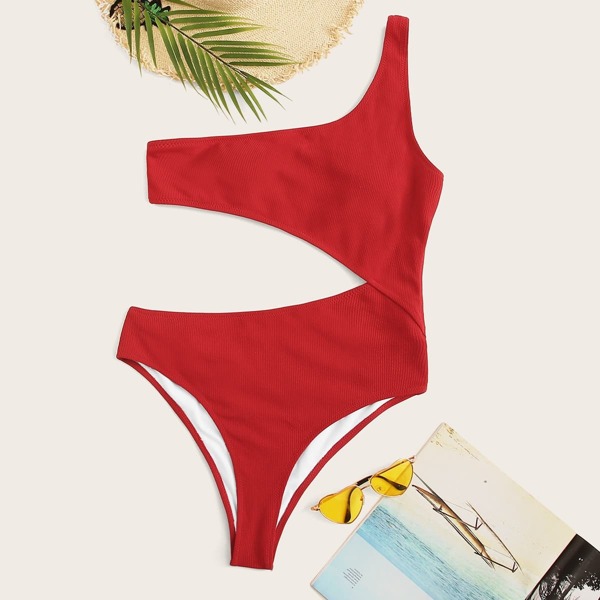 

Plus Ribbed Cut-out Side One Shoulder One Piece Swim, Red bright