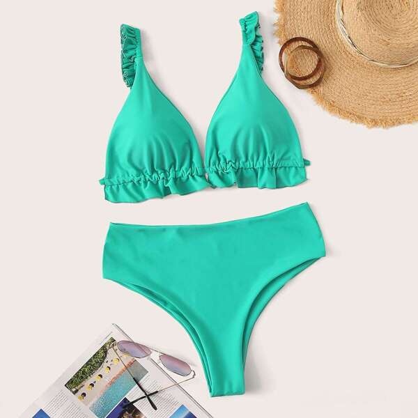 

Plus Frill Trim Triangle Top With High Waist Bikini, Green
