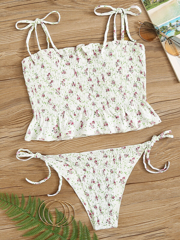 

Floral Smocked Ruffle Hem Top With Tie Side Bikini, Multicolor