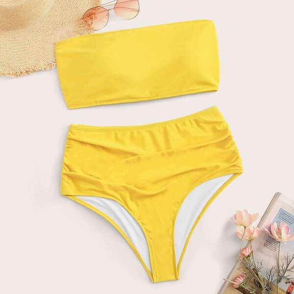 

Plus Lace-up Bandeau With Ruched High Waist Bikini, Yellow bright