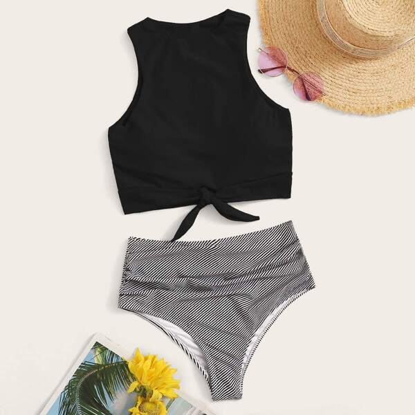 

Knot Hem Top With Ruched High Waist Bikini Set