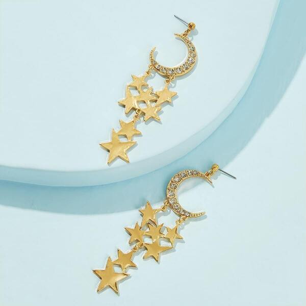 

Rhinestone Engraved Moon Star Shaped Drop Earring 1pair