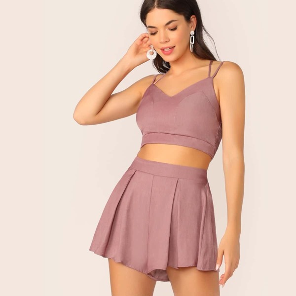 

Zip Shirred Back Strappy Top & Culottes Skirt Set, Pink