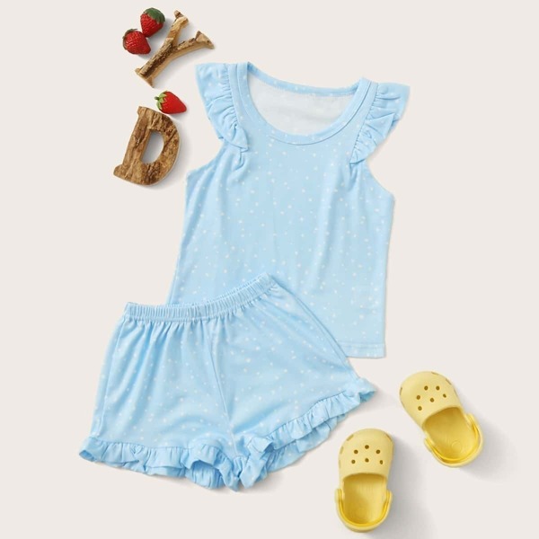 

Toddler Girls Dalmatian Print Ruffle Trim Top & Shorts Set, Blue pastel