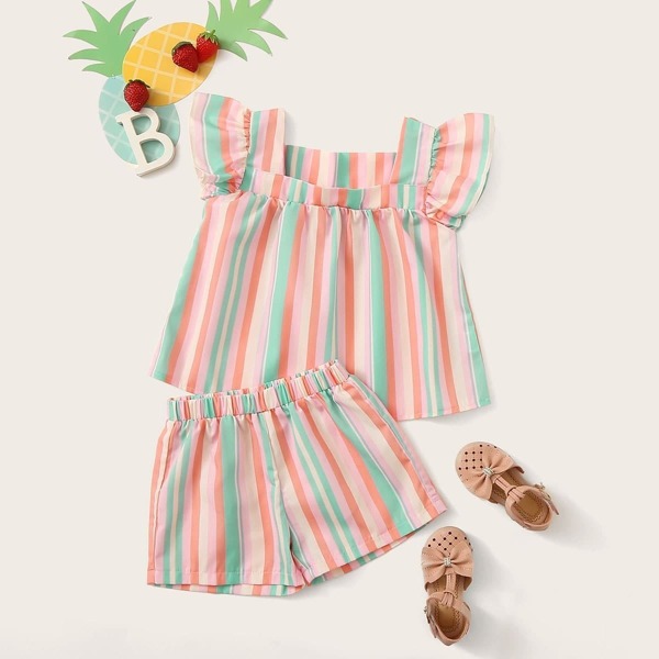 

Toddler Girls Colorful Striped Square Neck Top & Shorts Set, Multicolor