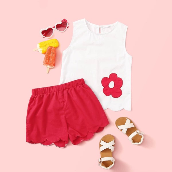 

Toddler Girls Flower Embroidered Top & Scalloped Trim Shorts Set