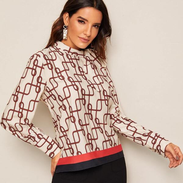 

Graphic Print Tie Neck Button Back Blouse, Multicolor