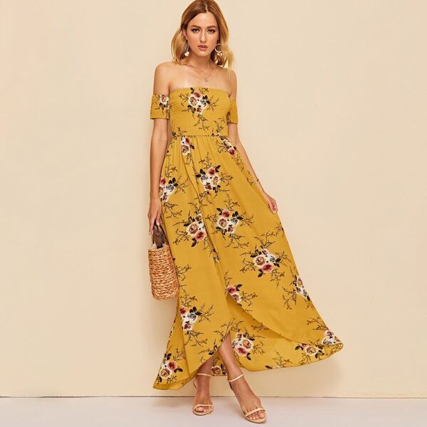 

Off Shoulder Shirred Bodice Floral Wrap Dress