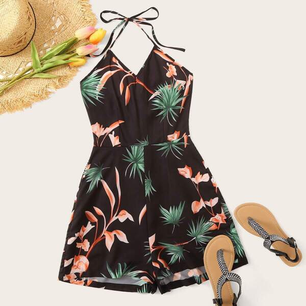 

Tropical Print Halterneck Romper, Black