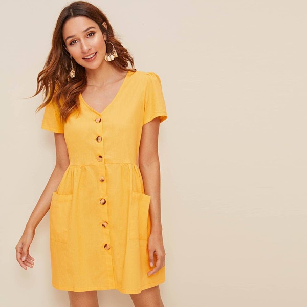

Dual Pocket Detail Button Front Shirt Dress, Yellow