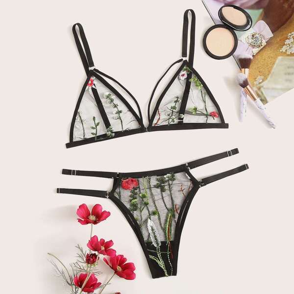 

Floral Embroidered Harness Lingerie Set