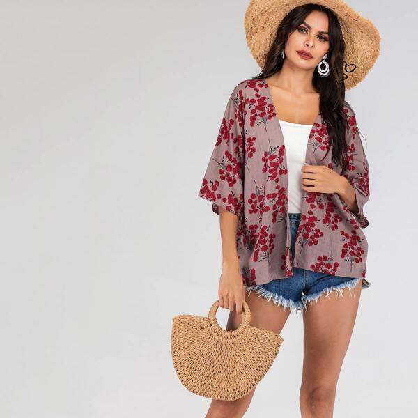

Floral Print Open-front Kimono, Multicolor