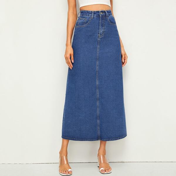 

5-pocket Longline Straight Denim Skirt, Blue