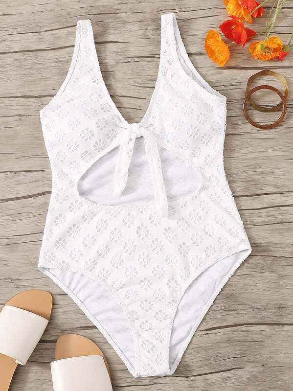 

Cut-out Knot Front One Piece Swimsuit, White