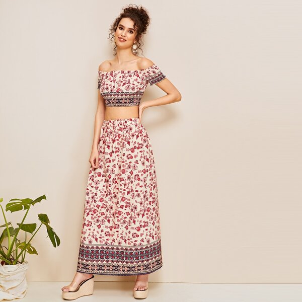 

Lettuce Edge Off Shoulder Top and Skirt Set, Multicolor