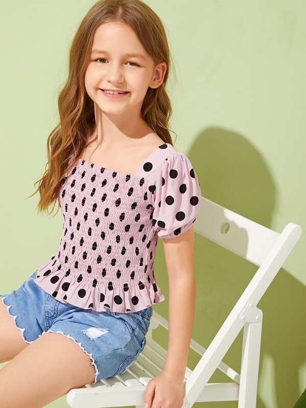 

Girls Polka Dot Ruffle Hem Shirred Top, Pink, Sashab
