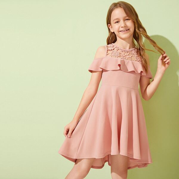 

Girls Cold Shoulder Lace Yoke Ruffle Trim Dress