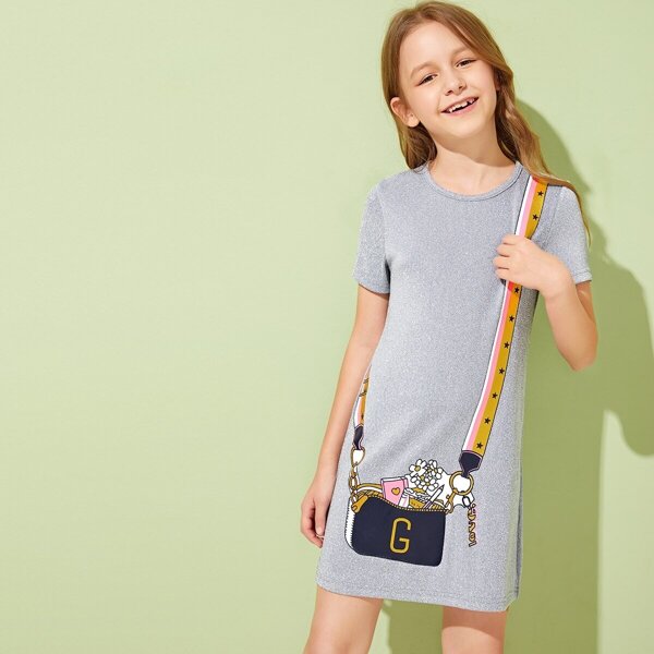 

Girls Bag Print Glitter Dress